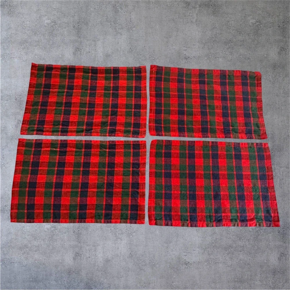 Crate & Barrel‎ Placemats Set of 4 Red Green Blue Plaid Cotton Woven
